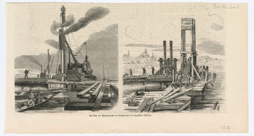 Unbekannt (Künstler*in), Der Bau der Weichselbrücke bei Dirschau auf der preußischen Ostbahn., 1852