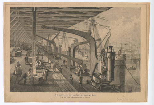 H. Fenny (Künstler*in), Die Dampfkräne in den Lagerräumen der Hamburger Quais., 2. Hälfte 19. Jahrhundert