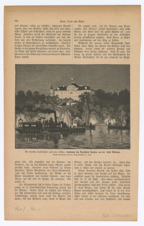 Heinrich Kley (Künstler*in), Die deutsche Kaiserfahrt nach dem Süden: Landung des Deutschen Kaisers an der Insel Mainau., ca. Ende des 19. Jahrhunderts