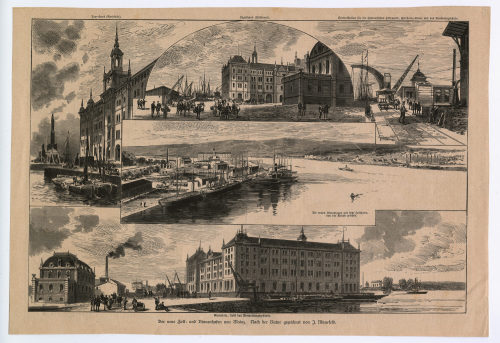 J. Manefeld (Künstler*in), Zeitungsseite mit fünf Abbildungen: Der neue Zoll- und Binnenhafen von Mainz., 1887