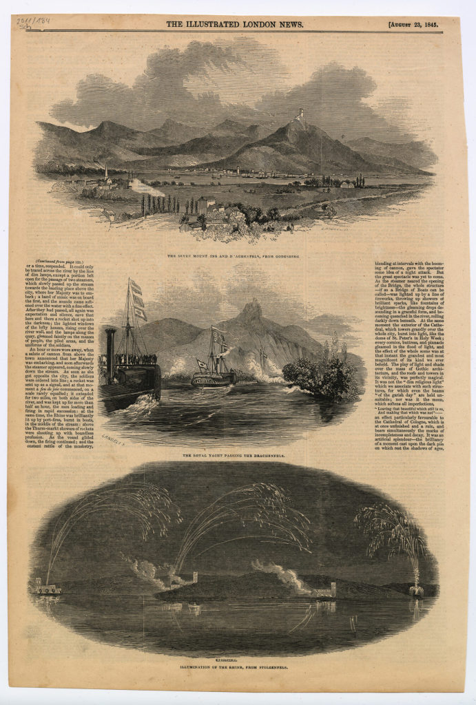 Zeitschriftenseite mit drei Abbildungen: "THE SEVEN MOUNT INS AND DRACHENFELS, FROM GODESBERG", "THE ROYAL YACHT PASSING THE DRACHENFELS", "ILLUMINATION OF THE RHINE, FROM STOLZENFELS"