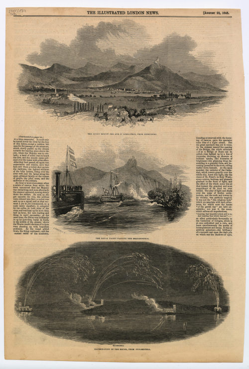 Ebenezer Landells (Künstler*in), Zeitschriftenseite mit drei Abbildungen: "THE SEVEN MOUNT INS AND DRACHENFELS, FROM GODESBERG", "THE ROYAL YACHT PASSING THE DRACHENFELS", "ILLUMINATION OF THE RHINE, FROM STOLZENFELS", 1845