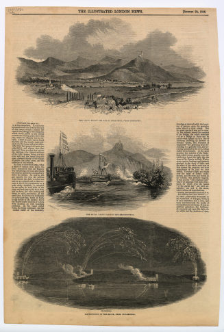 Zeitschriftenseite mit drei Abbildungen: "THE SEVEN MOUNT INS AND DRACHENFELS, FROM GODESBERG", "THE ROYAL YACHT PASSING THE DRACHENFELS", "ILLUMINATION OF THE RHINE, FROM STOLZENFELS"