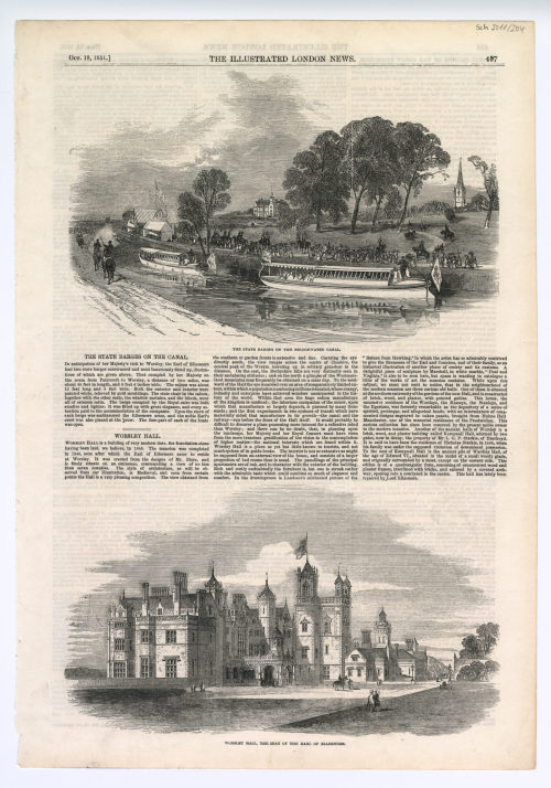 Unbekannt (Künstler*in), Zeitungsseite mit zwei Abbildungen: "The State Barges on the Bridgewater Canal", "Worsley Hall, the Seat of the earl of Ellesmere", 1851