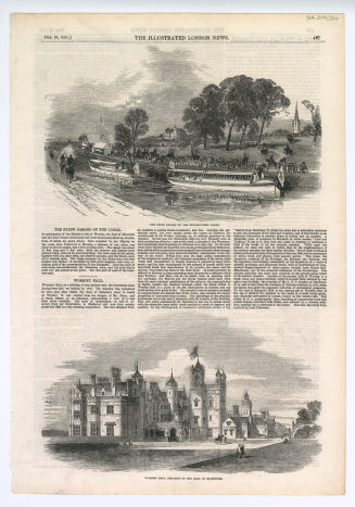 Zeitungsseite mit zwei Abbildungen: "The State Barges on the Bridgewater Canal", "Worsley Hall, the Seat of the earl of Ellesmere"