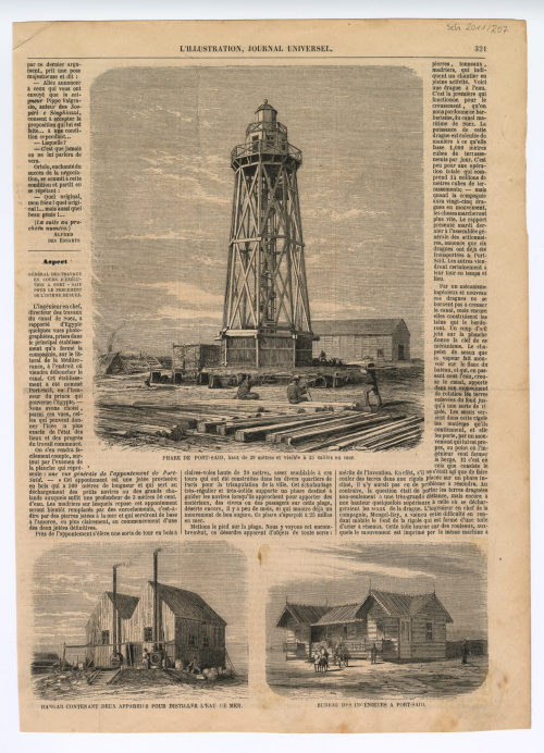 Unbekannt (Künstler*in), Zeitungsseite mit drei Abbildungen zum Suez-Kanal: "PHARE DE PORT-SAID", "HANGAR CONTENANT DEUX APPAREILS POUR DISTILLER L'EAU DE MER", "BUREAU DES INGÉNIEURS A PORT-SAID", 19. Jahrhundert