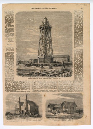Zeitungsseite mit drei Abbildungen zum Suez-Kanal: "PHARE DE PORT-SAID", "HANGAR CONTENANT DEUX APPAREILS POUR DISTILLER L'EAU DE MER", "BUREAU DES INGÉNIEURS A PORT-SAID"