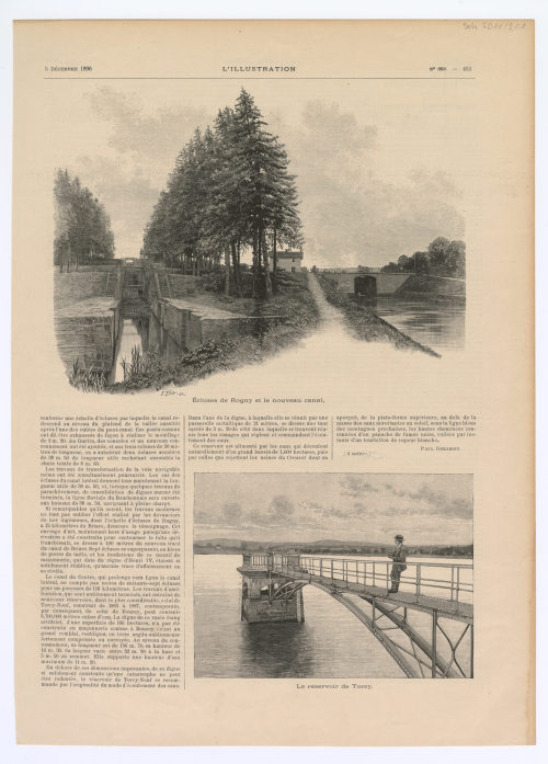 L' illustration : journal universel (Beteiligte Institution), Zeitungsseite mit zwei Abbildungen: "Écluses de Rogny et le nouveau canal", "Le réservoir de Torcy", 1896