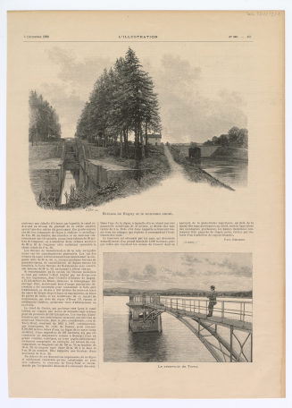 Zeitungsseite mit zwei Abbildungen: "Écluses de Rogny et le nouveau canal", "Le réservoir de Torcy"