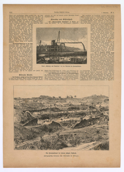 Deutsche Illustrierte Zeitung (Beteiligte Institution), Zeitungsseite mit zwei Abbildungen: "Neuer Entlader und Ausheber bei den Arbeiten des Panamakanals.", "Der Panamakanal in seinem jetzigen Zustand.", 19. Jahrhundert
