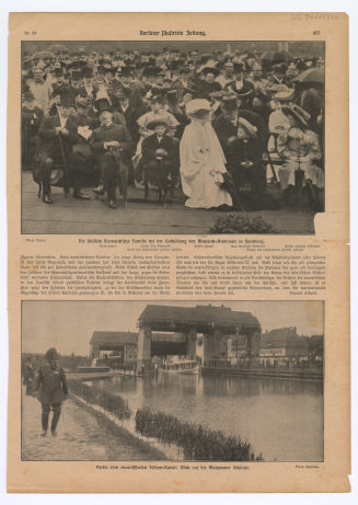 Zeitungsseite mit zwei Abbildungen: "Die fürstlich Bismarck'sche Familie bei der Enthüllung des Bismarck=Denkmals in Hamburg", "Partie vom neueröffneten Teltow=Kanal: Blick auf die Machnower Schleuse."