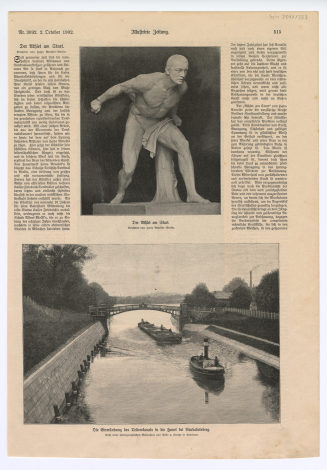 Zeitungsseite mit zwei Abbildungen: "Der Athlet am Start", "Die Einmündung des Teltowkanals in die Havel bei Neubabelsberg"