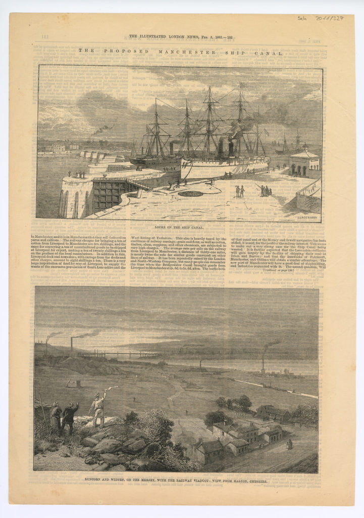 Zeitungsseite mit zwei Abbildungen: "LOCKS ON THE SHIP CANAL.", "RUNCORN AND WIDNES, ON THE MERSEY, WITH THE RAILWAY VIADUCT: VIEW FROM HALTON, CHESHIRE."
