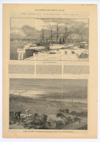 Zeitungsseite mit zwei Abbildungen: "LOCKS ON THE SHIP CANAL.", "RUNCORN AND WIDNES, ON THE MERSEY, WITH THE RAILWAY VIADUCT: VIEW FROM HALTON, CHESHIRE."
