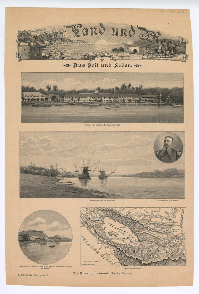 Zeitungsseite mit vier Abbildungen zum Nicaragua-Kanal: "Corinto an der pazifischen Mündung des Kanals.", "Baggerarbeiten an der Kanalstrecke.", "Altes Kastell am Rio San Juan in der Nähe der atlantischen Mündung des Kanals.", "Kartenskizze des Kanals."