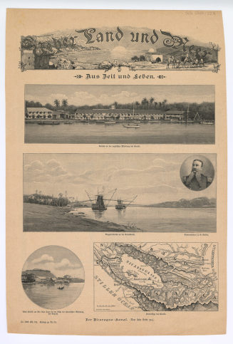 Zeitungsseite mit vier Abbildungen zum Nicaragua-Kanal: "Corinto an der pazifischen Mündung des Kanals.", "Baggerarbeiten an der Kanalstrecke.", "Altes Kastell am Rio San Juan in der Nähe der atlantischen Mündung des Kanals.", "Kartenskizze des Kanals."