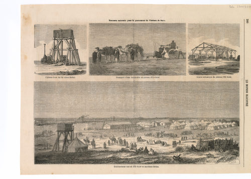Unbekannt (Künstler*in), Zeitungsseite mit vier Abbildungen: "Château D'eau de Bir Abou-Ballah.", "Transport d'une locomobile au plateau d'El-Guisr.", "Scierie mécanique du plateau d'El-Guisr.", "Etablissement central d'El-Guisr et machines Ballan.", 19. Jahrhundert