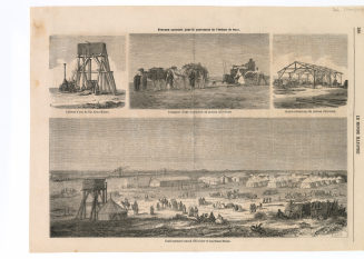 Zeitungsseite mit vier Abbildungen: "Château D'eau de Bir Abou-Ballah.", "Transport d'une locomobile au plateau d'El-Guisr.", "Scierie mécanique du plateau d'El-Guisr.", "Etablissement central d'El-Guisr et machines Ballan."