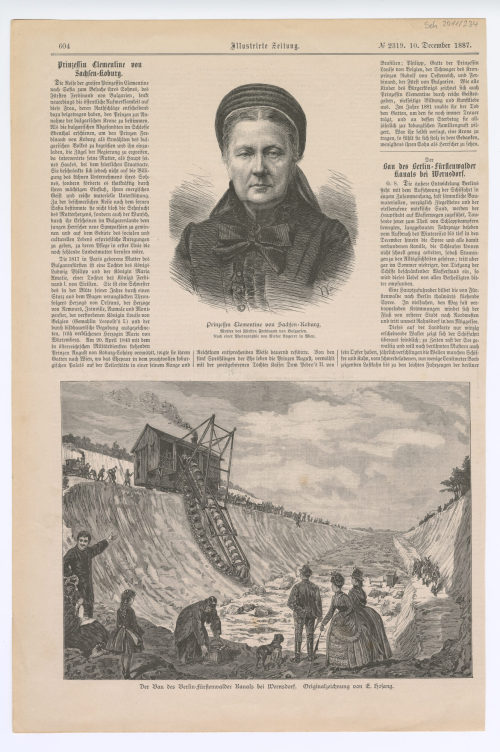 Viktor Angerer (Fotograf*in), Zeitungsseite mit zwei Abbildungen: "Prinzessin Clementine von Sachsen-Koburg", "Der Bau des Berlin-Fürstenwalder Kanals bei Wernsdorf", 1887