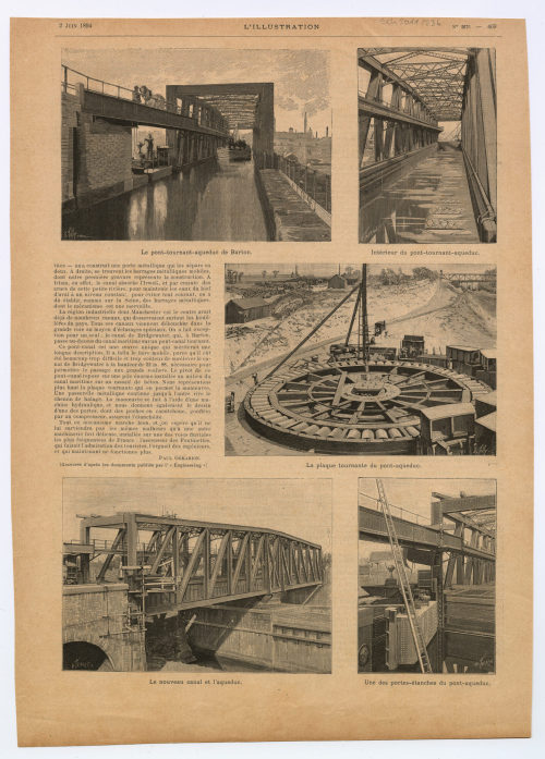 Henri Thiriat (Künstler*in), Zeitungsseite mit fünf Abbildungen: "Le pont-tournant-aqueduc de Barton.", "Intérieur du pont-tournant-aqueduc.", "La plaque tournante du pont-aqueduc.", "Le nouveau canal et l'aqueduc.", "Une de portes-étanches du pont-aqueduc.", 1894