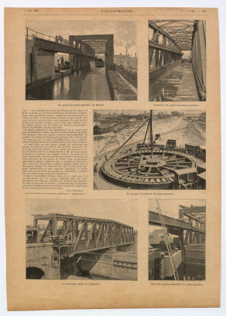Zeitungsseite mit fünf Abbildungen: "Le pont-tournant-aqueduc de Barton.", "Intérieur du pont-tournant-aqueduc.", "La plaque tournante du pont-aqueduc.", "Le nouveau canal et l'aqueduc.", "Une de portes-étanches du pont-aqueduc."