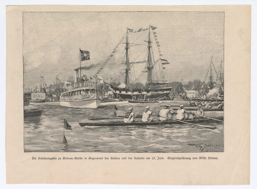 Willy Stöwer (Künstler*in), Die Schülerregatta zu Grünau-Berlin in Gegenwart des Kaisers und der Kaiserin am 13. Juni., um 1900