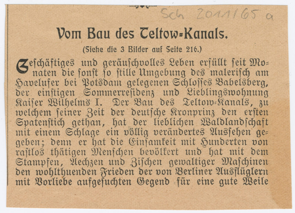 Artikel "Vom Bau des Teltow-Kanals"