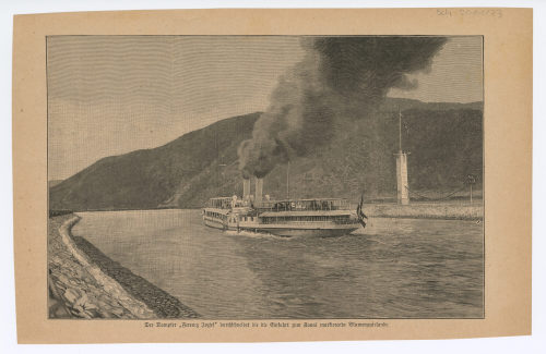 Unbekannt (Urheber*in), Der Dampfer "Ferencz Jozsef" durchschneidet die die Einfahrt zum Kanal markierende Blumenguirlande, um 1900