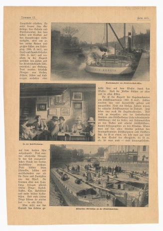 Zeitschriftenblatt mit fünf Abbildungen: "Frachtdampfer am Friedrich-Karl-Ufer.", "In der Schifferkneipe.", "Böhmische Obstkähne an der Friedrichsbrücke.", "Obstkähne im Landwehrkanal.", "Die Personendampfer im Winterquartier."