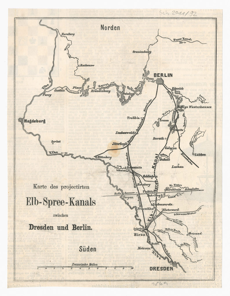 Karte des projectirten Elb-Spree-Kanals zwischen Dresden und Berlin.