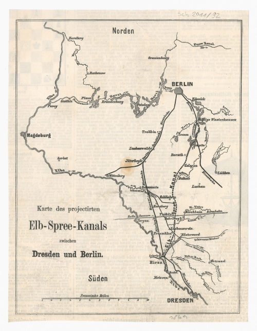 Unbekannt (Künstler*in), Karte des projectirten Elb-Spree-Kanals zwischen Dresden und Berlin., 1869