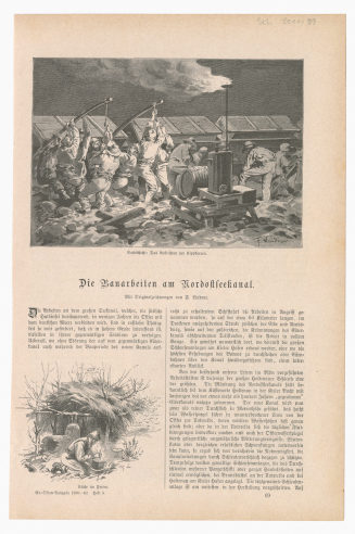 Zeitschriftenseite mit Artikel "Die Bauarbeiten am Nordostseekanal." und einer Abbildung: "Nachtschicht: Das Aufrichten der Kippkarren."