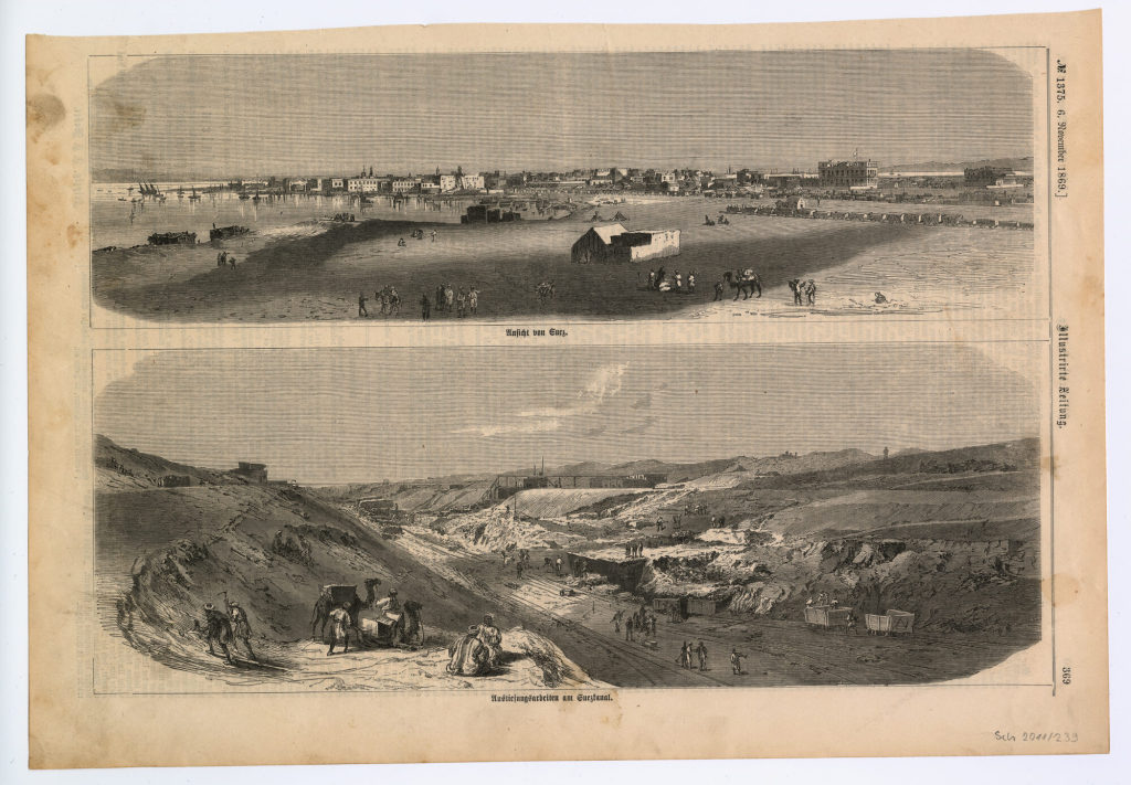 Zeitungsseite mit zwei Abbildungen: "Ansicht von Suez.", "Austiefungsarbeiten am Suezkanal."