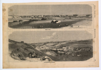 Zeitungsseite mit zwei Abbildungen: "Ansicht von Suez.", "Austiefungsarbeiten am Suezkanal."