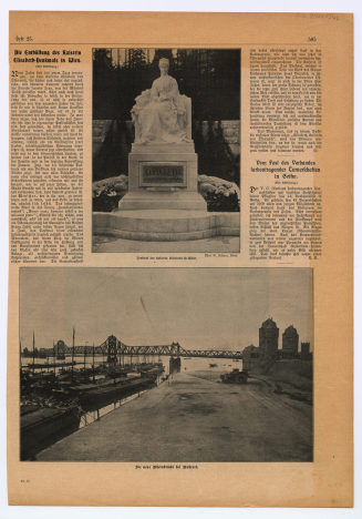 Zeitungsseite mit zwei Abbildungen: "Denkmal der Kaiserin Elisabeth in Wien.", "Die neue Rheinbrücke bei Ruhrort."