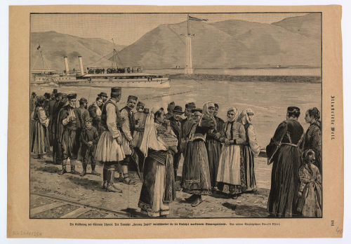 Ewald Thiel (Künstler*in), Die Eröffnung des Eisernen Thores: Der Dampfer "Ferencz Josef" die die Einfahrt markierende Blumenguirlande., 19. Jahrhundert