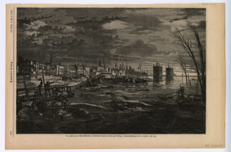 Die Zerstörung der Rheinschiffbrücke bei Düsseldorf durch den Orkan am 12. März.