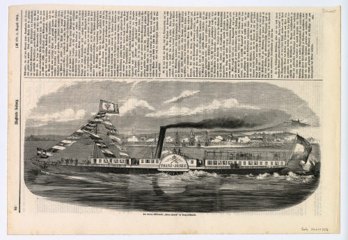 Unbekannt (Künstler*in), Der Donau-Eildampfer "Franz Joseph" im Flaggenschmucke., 1854