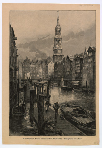 An der Holzbrücke in Hamburg (im Hintergrund die Katharinenkirche).