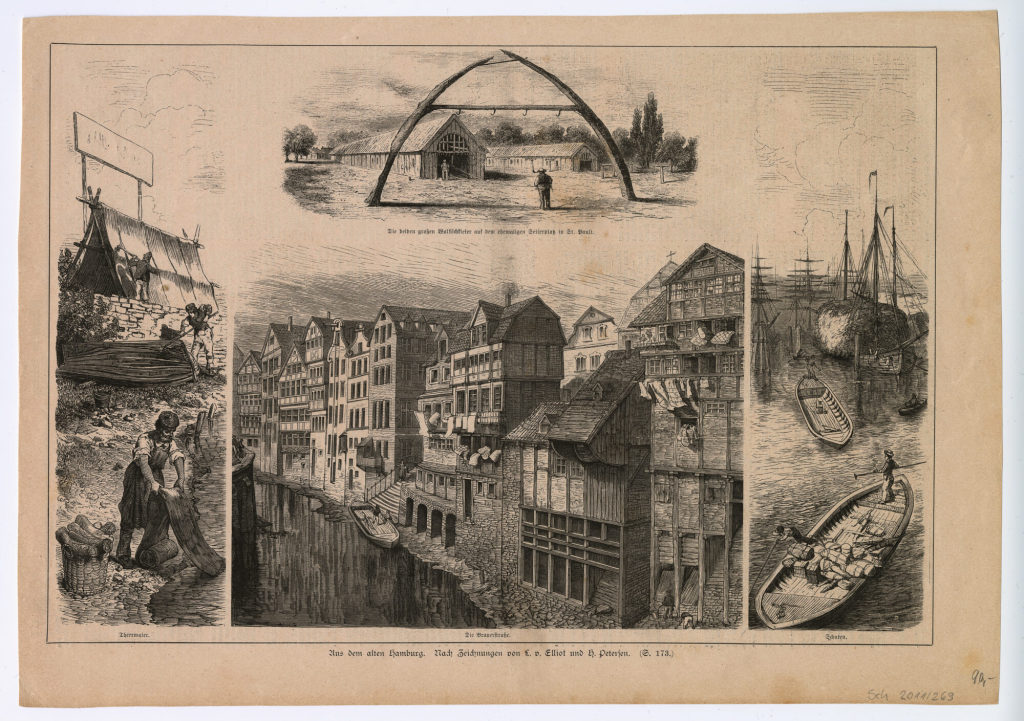 Zeitungsseite mit vier Abbildungen: Aus dem alten Hamburg.