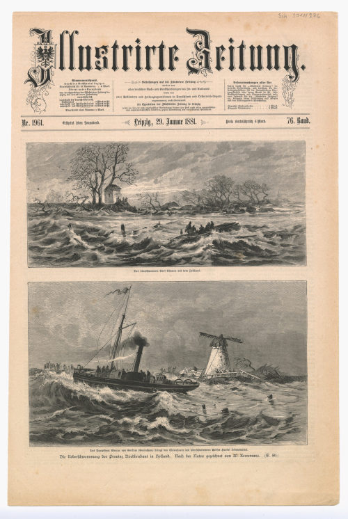W. Kerremans (Künstler*in), Zeitungsseite mit zwei Abbildungen: "Die Überschwemmung der Provinz Nordbrabant in Holland": "Das überschwemmte Dorf Blymen mit dem Zollhaus", "Das Dampfboot Mercur von Gorkum (Gorichem) bringt den Einwohnern des überschwemmten Dorfes Handel Lebensmittel", 1881