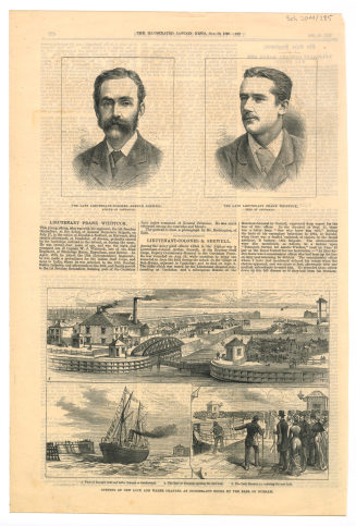 Zeitungsseite mit fünf Abbildungen: "OPENING OF THE NEW LOCK AND WATER CHANNEL AT SUNDERLAND DOCKS BY THE EARL OF DURHAM"