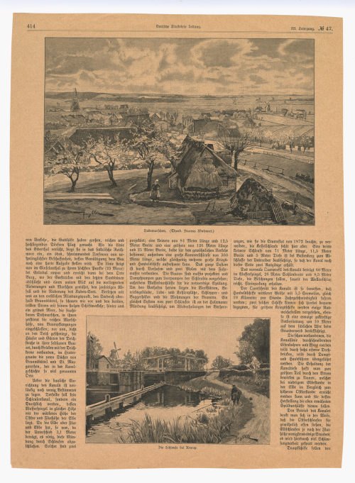 Unbekannt (Künstler*in), Zeitungsseite mit drei Abbildungen: "Kanalmündung bei Holtenau. (Platz der Grundsteinlegung.)", "Alte Schleuse bei Holtenau.", "An der zukünftigen Kanalmündung bei Brunsbüttel.", 1887