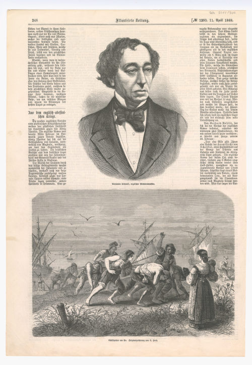 Unbekannt (Künstler*in), Zeitungsseite mit zwei Abbildungen: "Benjamin Disraeli, englischer Premierminister.", "Schiffszieher am Po.", 1868