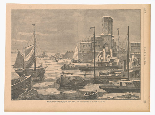 F. J. Weber (Künstler*in), Bergung der Schiffe bei Eisgang im Kölner Hafen., 19. Jahrhundert