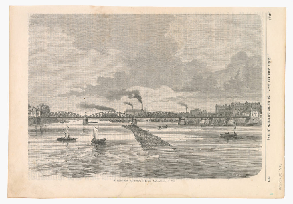 Die Eisenbahnbrücke über die Weser bei Bremen.