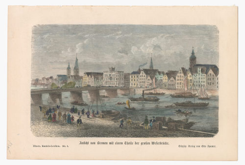 Unbekannt (Künstler*in), Die Eisenbahnbrücke über die Weser bei Bremen., um 1880