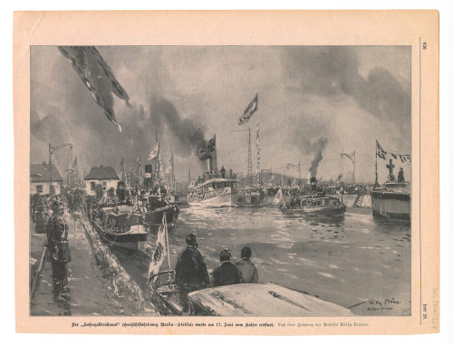 Willy Stöwer (Künstler*in), Der Hohenzollernkanal (Großschiffahrtsweg Berlin-Stettin) wurde am 17. Juni vom Kaiser eröffnet., 1914