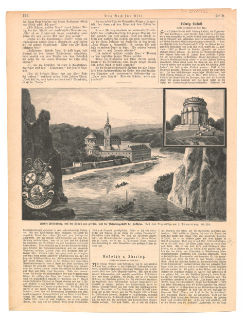 C. Daumerlang (Künstler*in), Kloster Weltenburg, von der Donau aus gesehen, und die Befreiungshalle bei Kelheim., 19. Jahrhundert