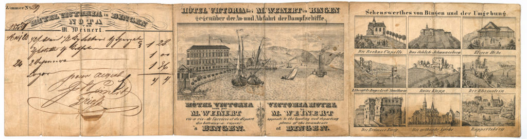 Rechnung mit zehn Abbildungen: "Hotels Victoria bei M. Weinert in Bingen gegenüber der An- und Abfahrt der Dampfschiffe."